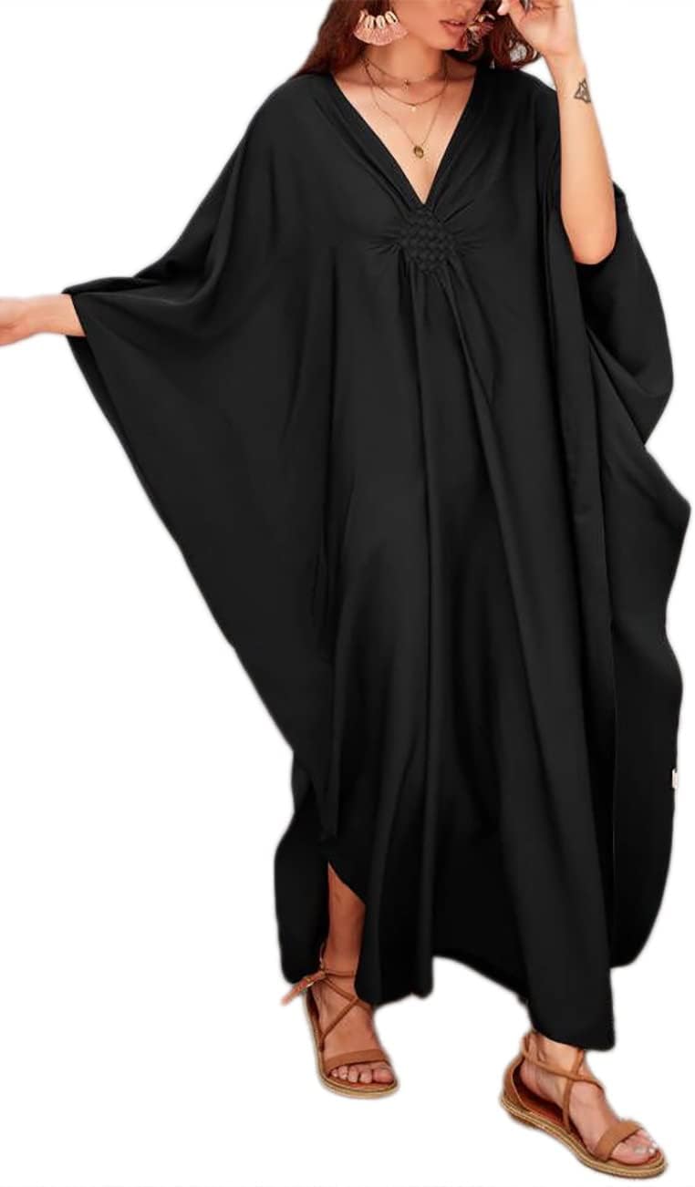Bsubseach Women Solid Color Cover Up V Neck Batwing Sleeve Plus Size Beach Kaftan Dresses - Image 1